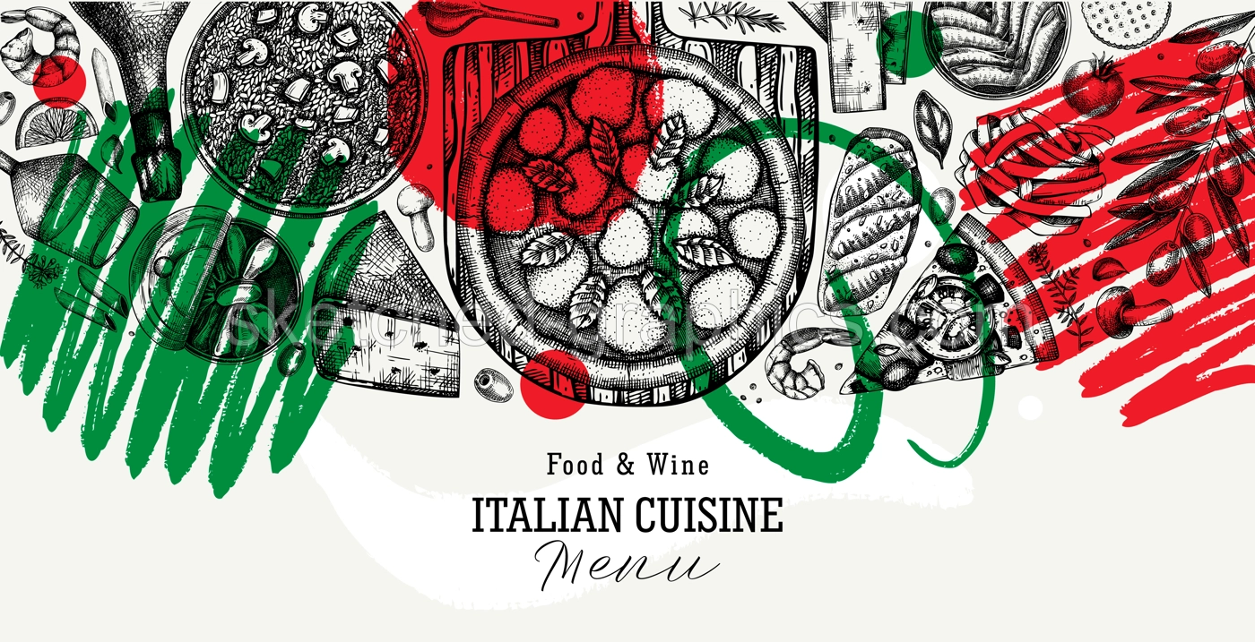  Italian cuisine vector background. Hand drawn pizza, pasta and risotto banner in collage style. Mediterranean food ingredient border - cheese, olives, canape, tinned fish. Trendy menu design template Illustration